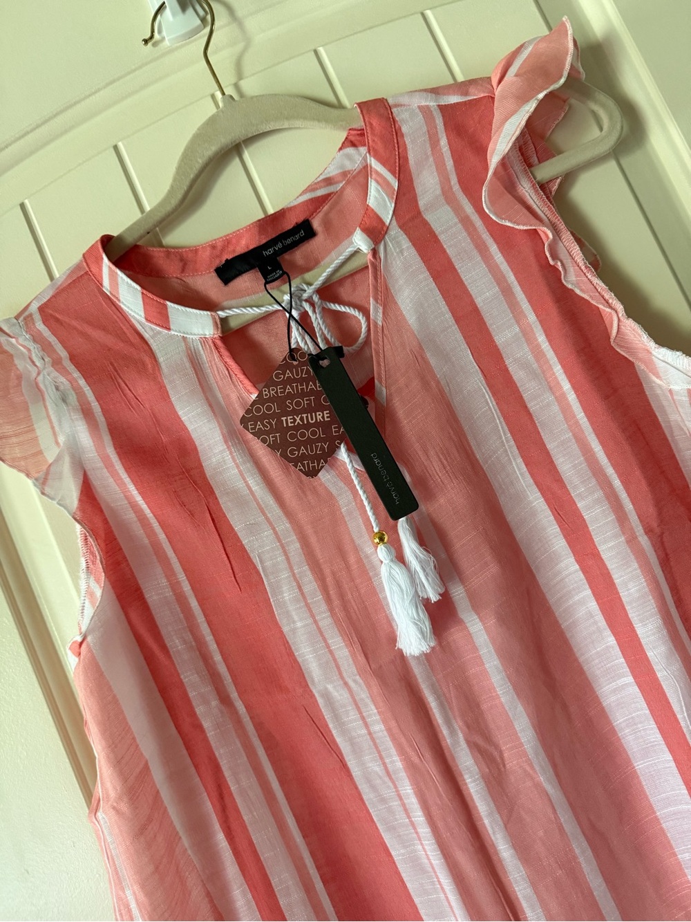 Harvé Benard Coral and White Striped Tunic with Tassel Tie NWT